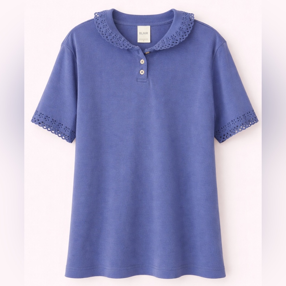 Blair Blue Eyelet-Collar Polo Top